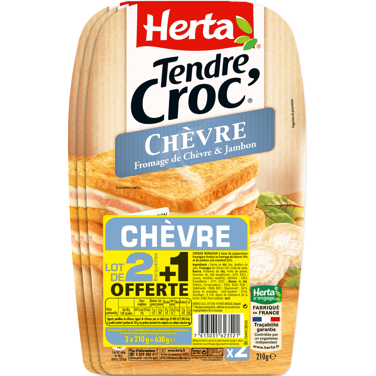 HERTA Tendre Croc' chèvre et jambon 2 lots + 1 offert 630g