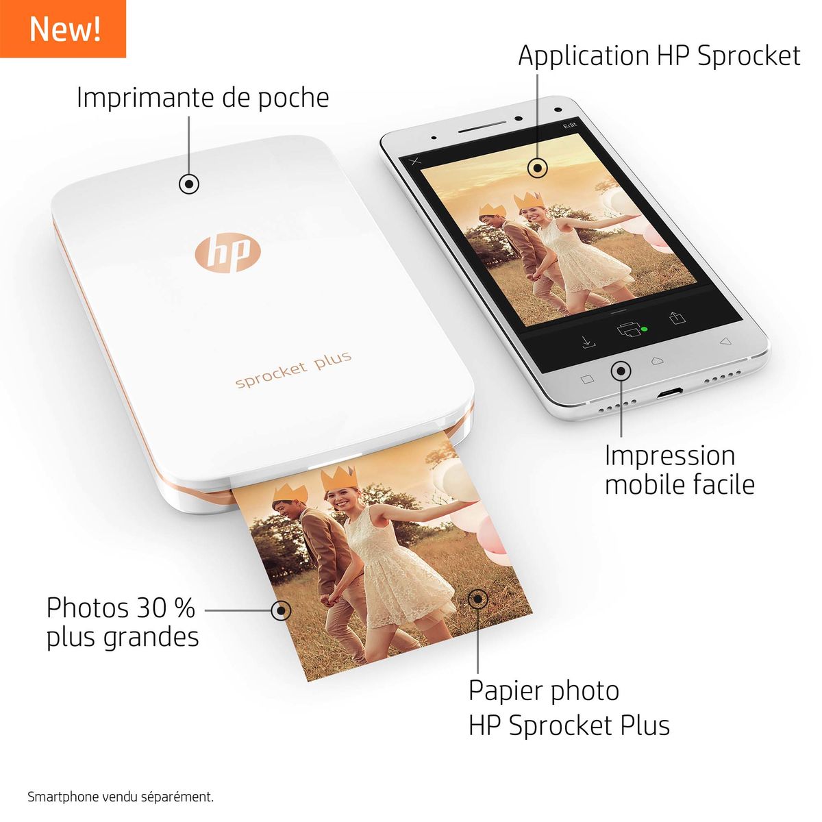 HP Imprimante photo portable - HP Sprocket Plus - Blanc