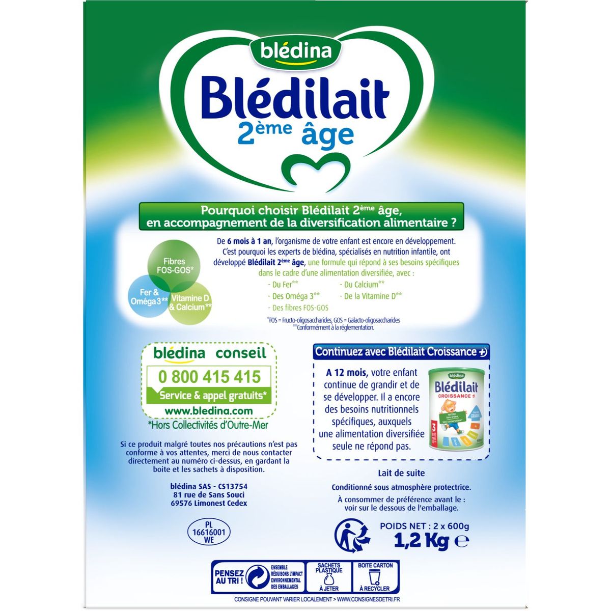 BLEDINA Blédina Blédilait 2 sachet lait 2ème âge en poudre dès 6 mois 1,2kg 1,2kg