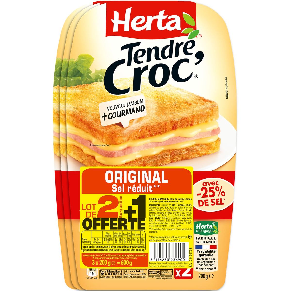 HERTA Tendre croque classique sel réduit 600g