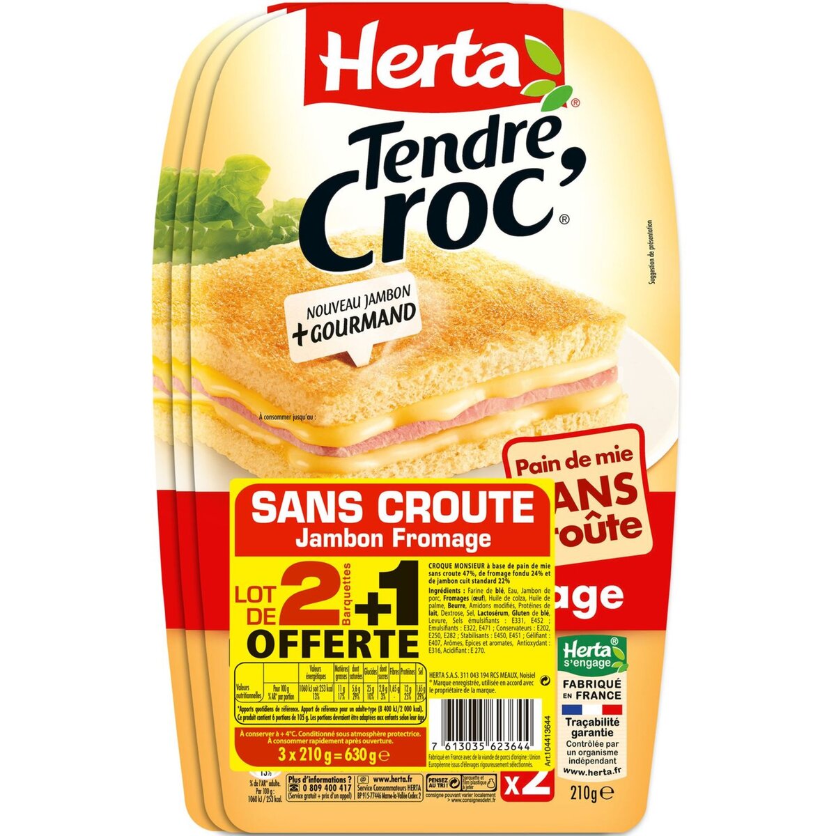 HERTA Tendre croque jambon sans croûte 2 + 1 offert 630g
