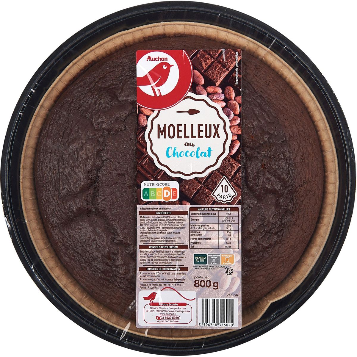 AUCHAN Auchan moelleux au chocolat 8 parts 800g