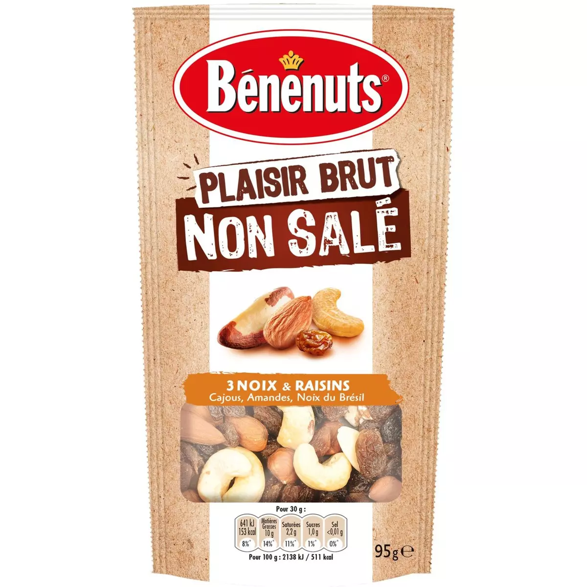 BENENUTS Bénénuts Plaisir brut non salé 3 noix et raisins 95g 95g