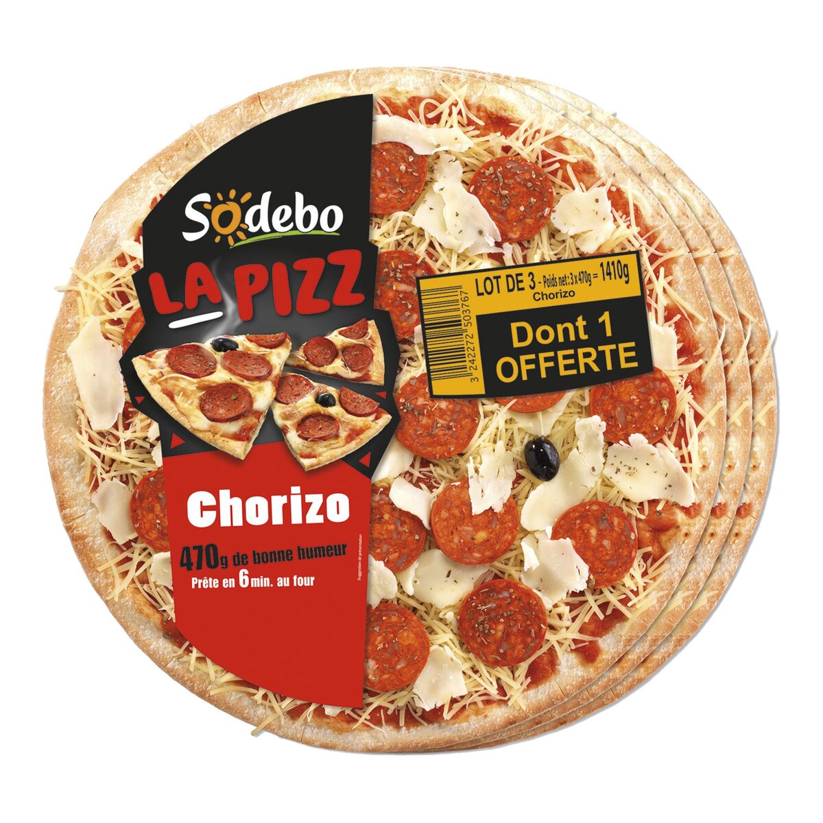 SODEBO Pizza chorizo 3 dont 1 offerte 1,410kg
