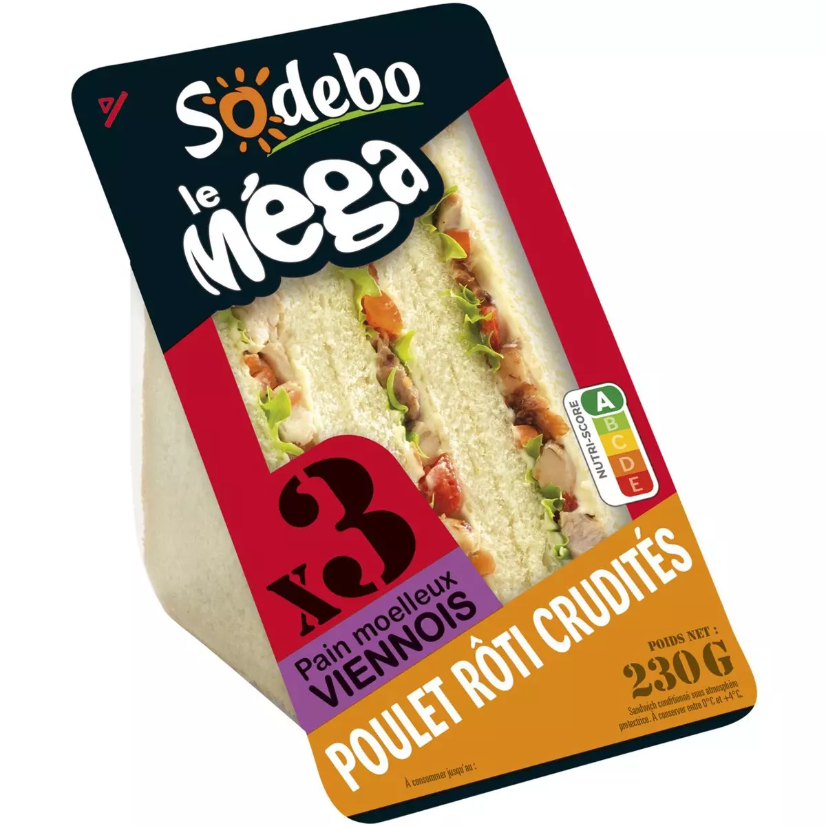 SODEBO Sandwich Méga pain viennois au poulet rôti crudités 230g