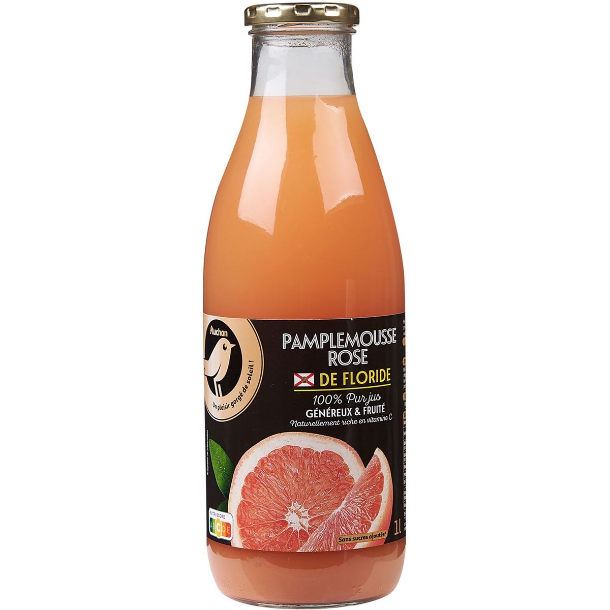 AUCHAN GOURMET Pur jus de pamplemousse de Floride bouteille verre 1l