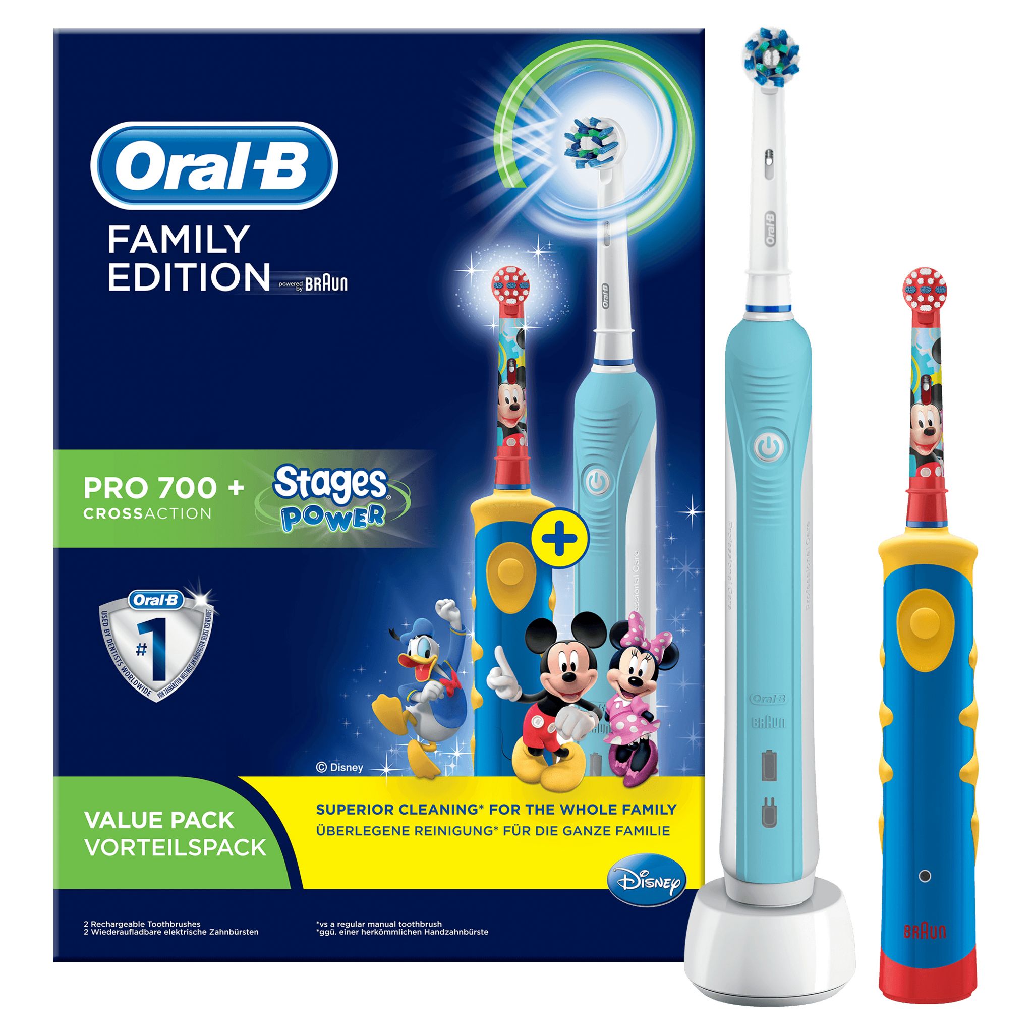 Voir la diapositive 26 : ORAL B Brosses à dent Pack Famille avec 2 manches, 1 manche Pro 700 Cross action + 1 Manche Stages Power pour enfants
