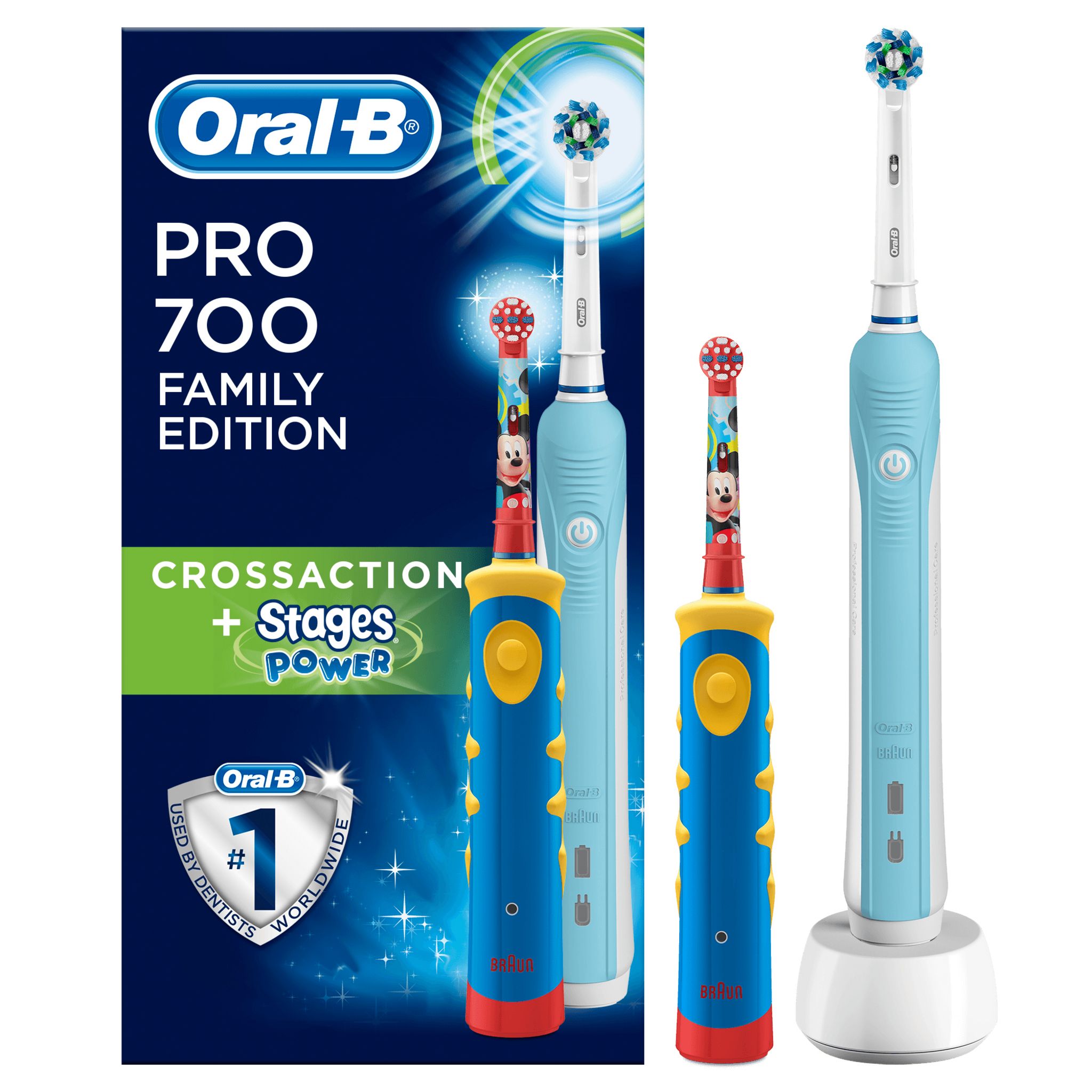 Voir la diapositive 29 : ORAL B Brosses à dent Pack Famille avec 2 manches, 1 manche Pro 700 Cross action + 1 Manche Stages Power pour enfants