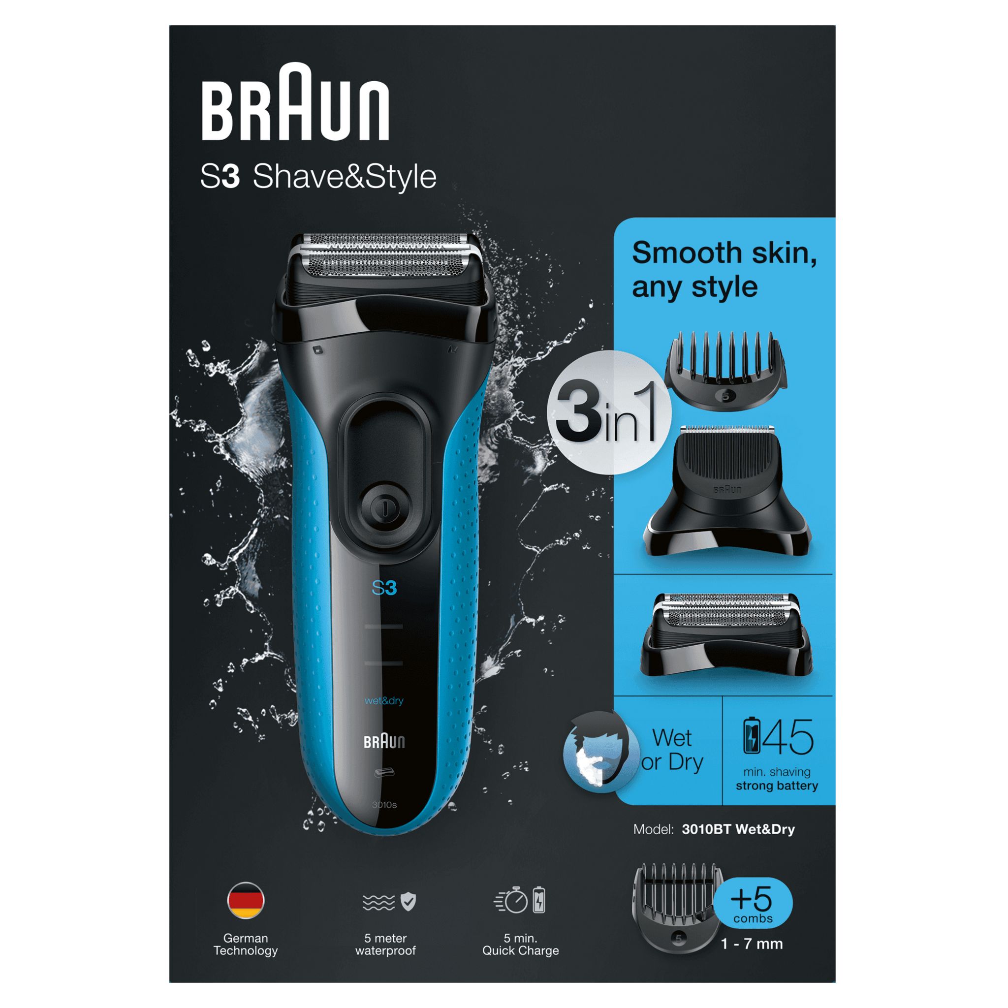 Voir la diapositive 2 : BRAUN Rasoir masculin à grilles 3010BT Series 3 Shave&Style