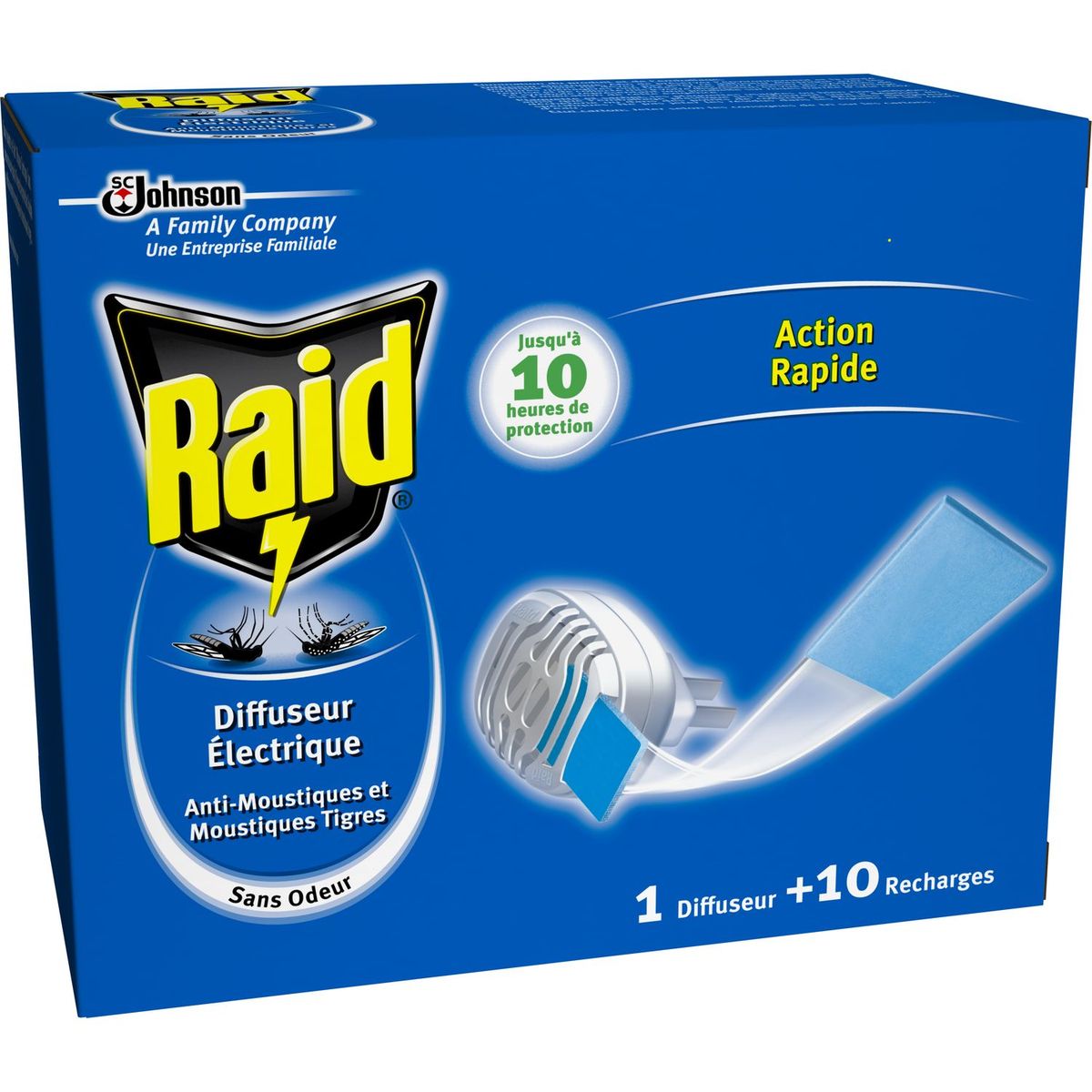 RAID Protège efficacement des Moustiques et des Moustiques Tigre jusqu'à 10 h grâce à son action rapide et continue. Pour une efficacité optimale, activer le diffuseur 15 minutes à l'avance. Rapide : diffuse de façon optimale les ingrédients actifs 10 recharges 1 diffuseur
