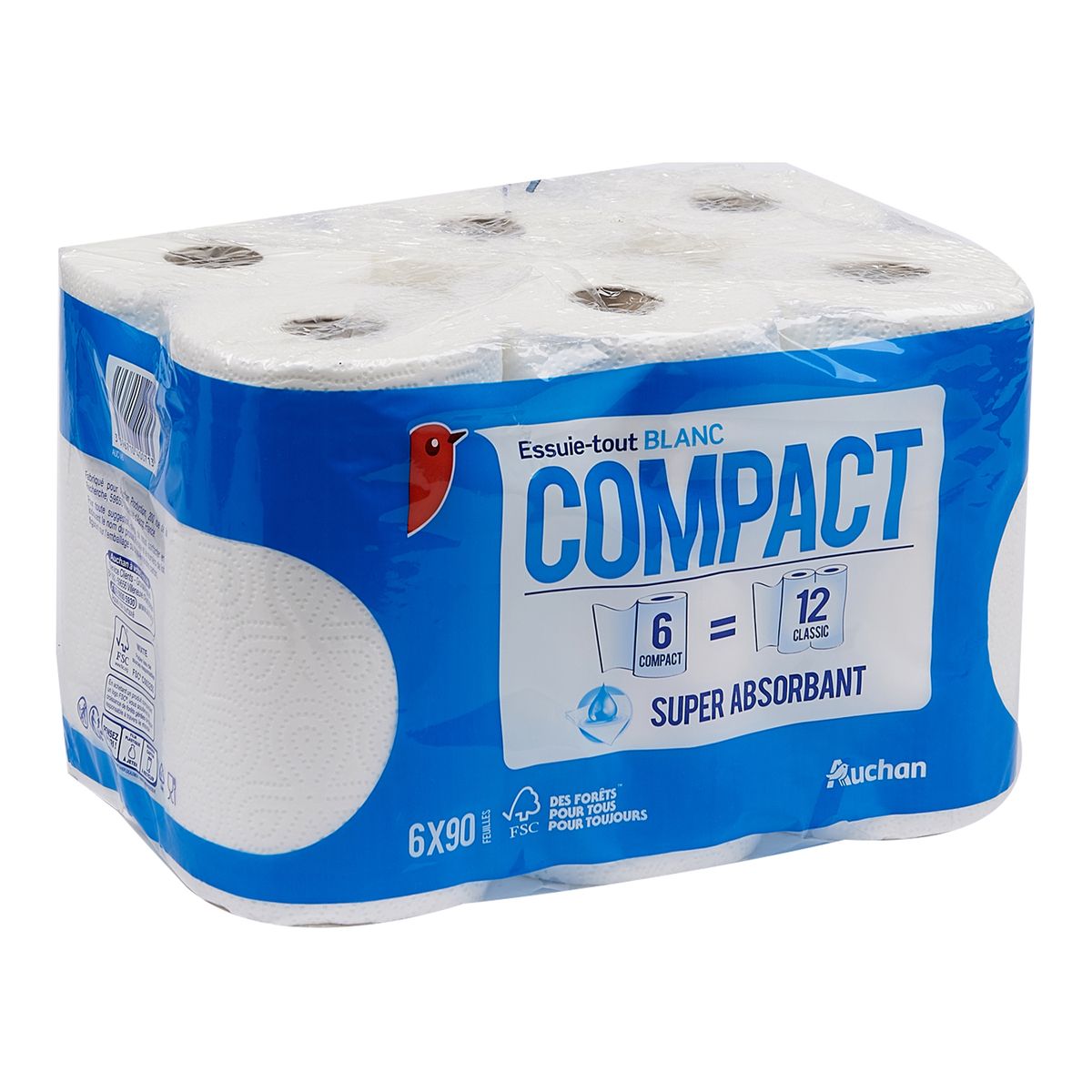 AUCHAN Essuie-tout blanc compact super absorbant = 12 standards 6 rouleaux
