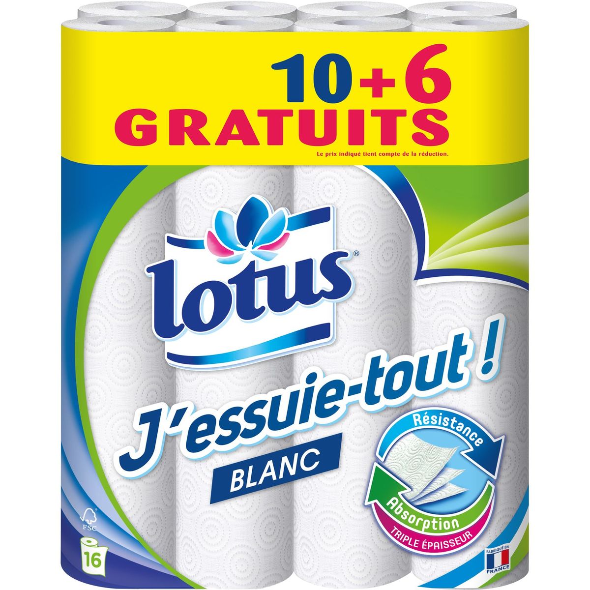 LOTUS Essuie-tout blanc +6 offerts 10 rouleaux