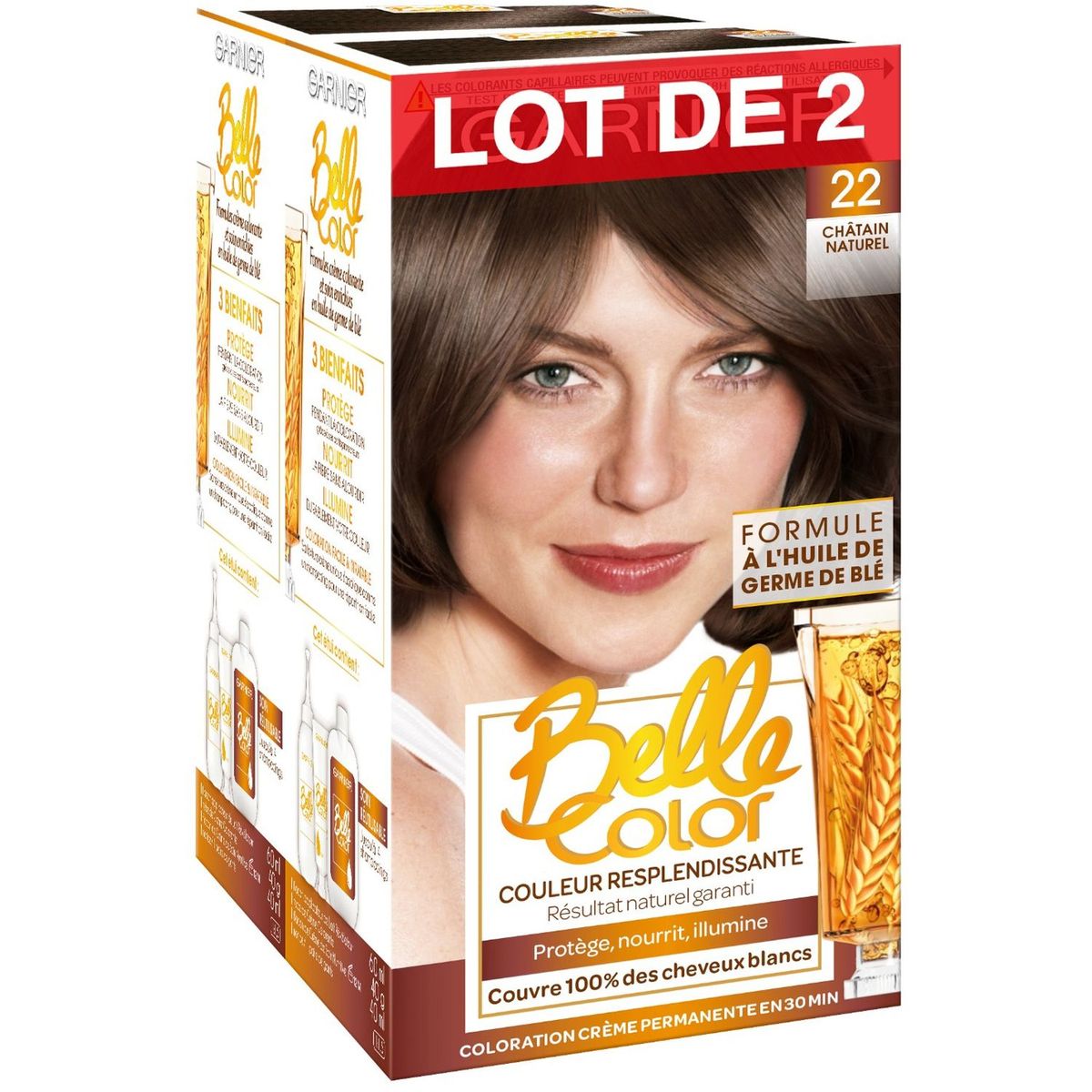 GARNIER Belle Color coloration permanente 22 châtain naturel 2x3 produits 2 kits