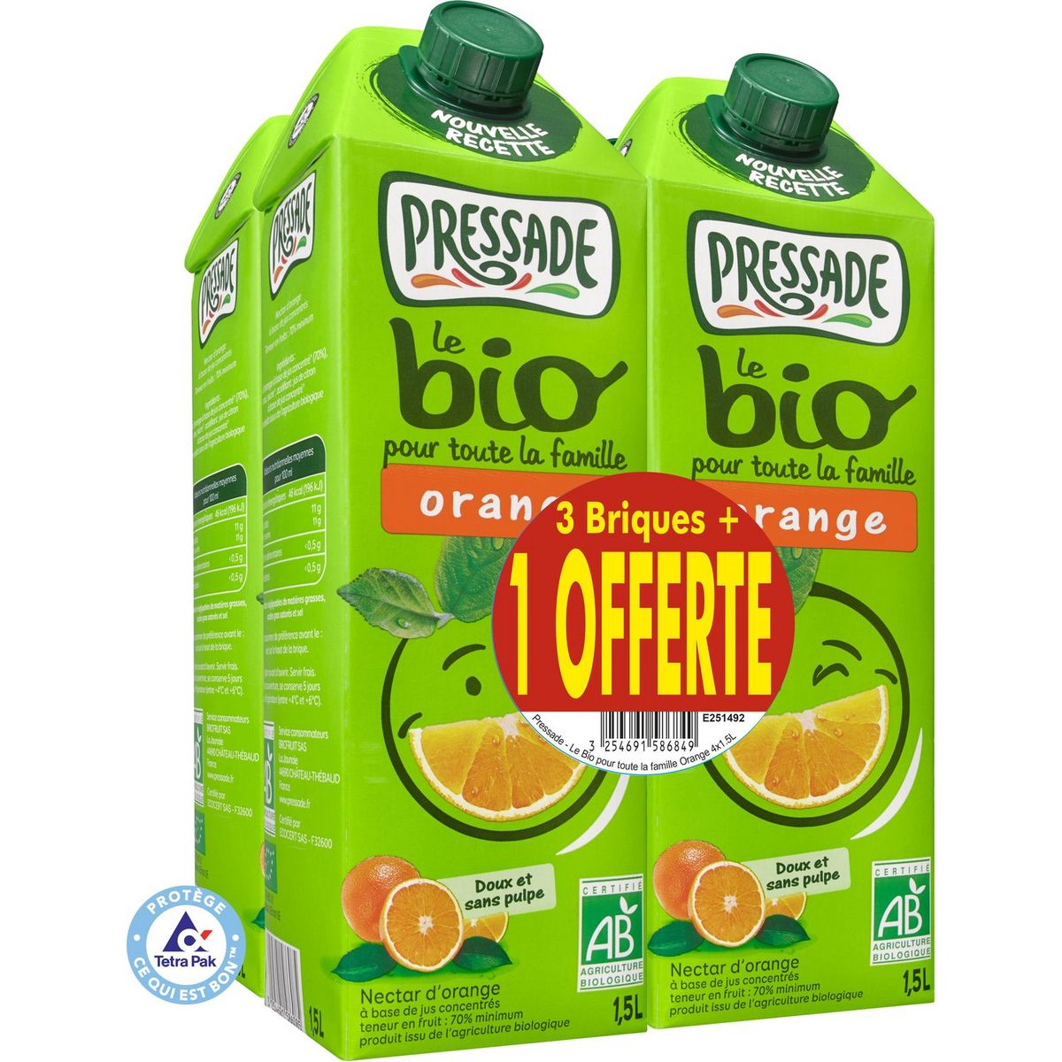 PRESSADE Pressade bio nectar d'orange 3x1,5l +1offerte