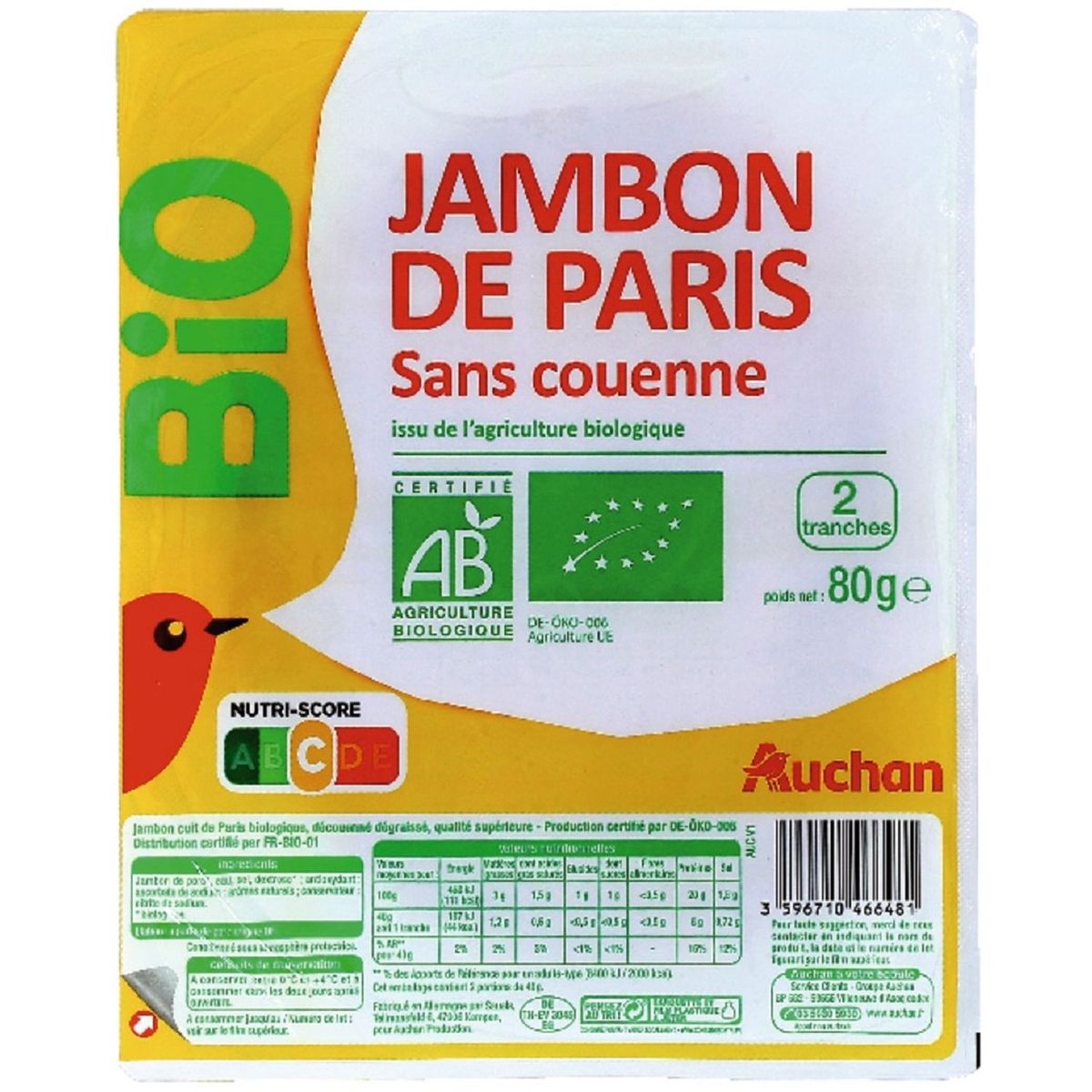AUCHAN BIO Jambon de Paris bio sans couenne 2 tranches 80g