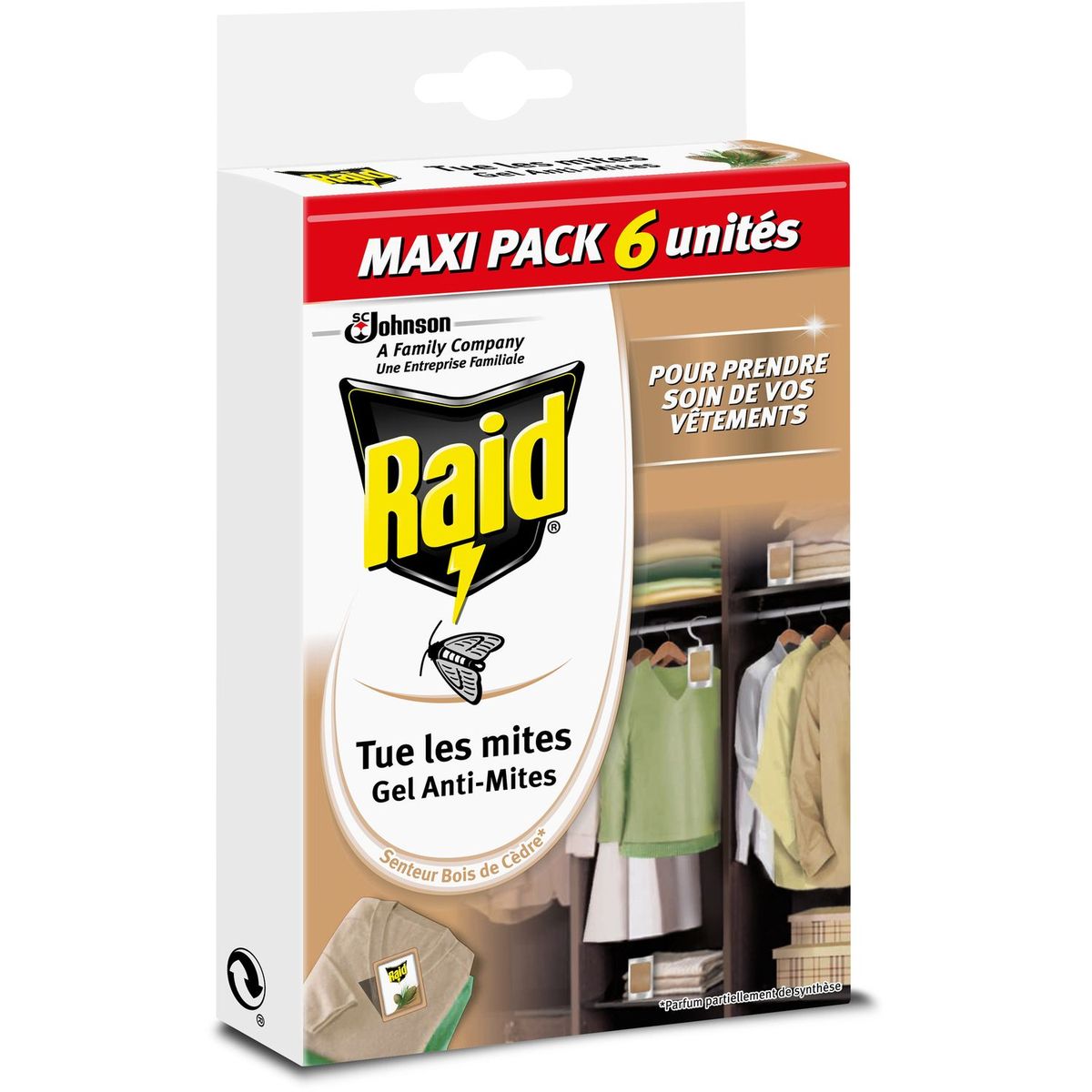 RAID Raid Gel Anti-Mites Senteur Bois de Cèdre tue les mites et protège vos vêtements durant toute une saison (3 mois) et répand son délicat parfum dans les penderies et tiroirs de votre maison. 6 sachets