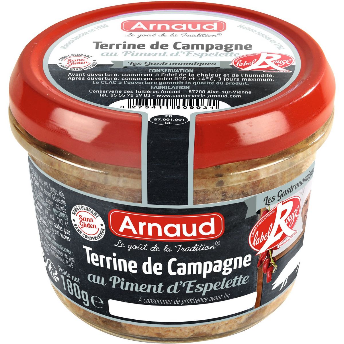 ARNAUD Terrine de campagne au piment d'Espelette Label Rouge 180g