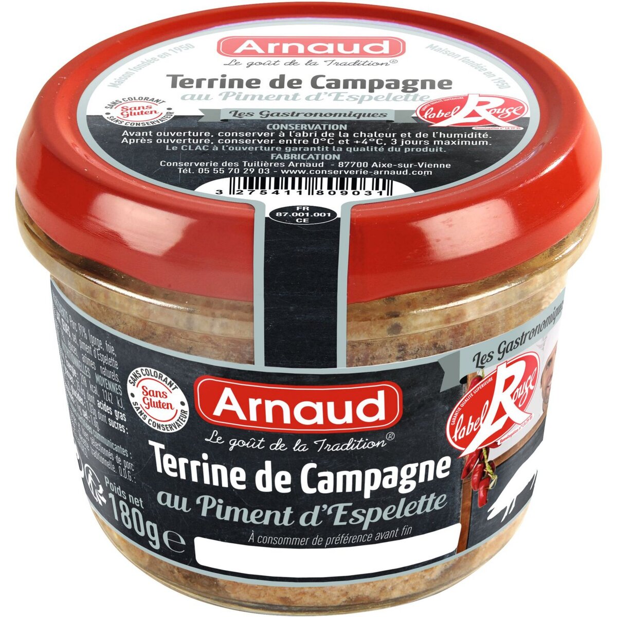 ARNAUD Terrine de campagne au piment d'Espelette Label Rouge 180g pas