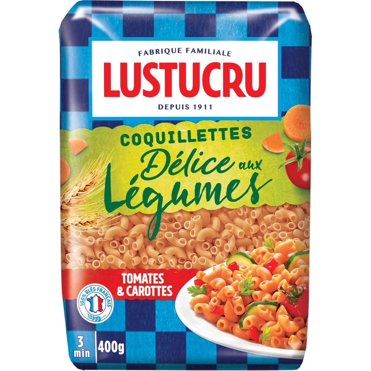 LUSTUCRU Coquillettes aux tomates et carottes, cuisson rapide 3min 400g