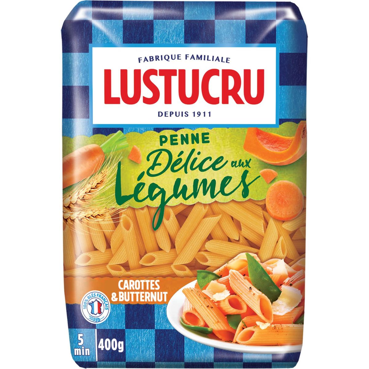 LUSTUCRU Penne aux carottes et butternut, cuisson rapide 5min 400g