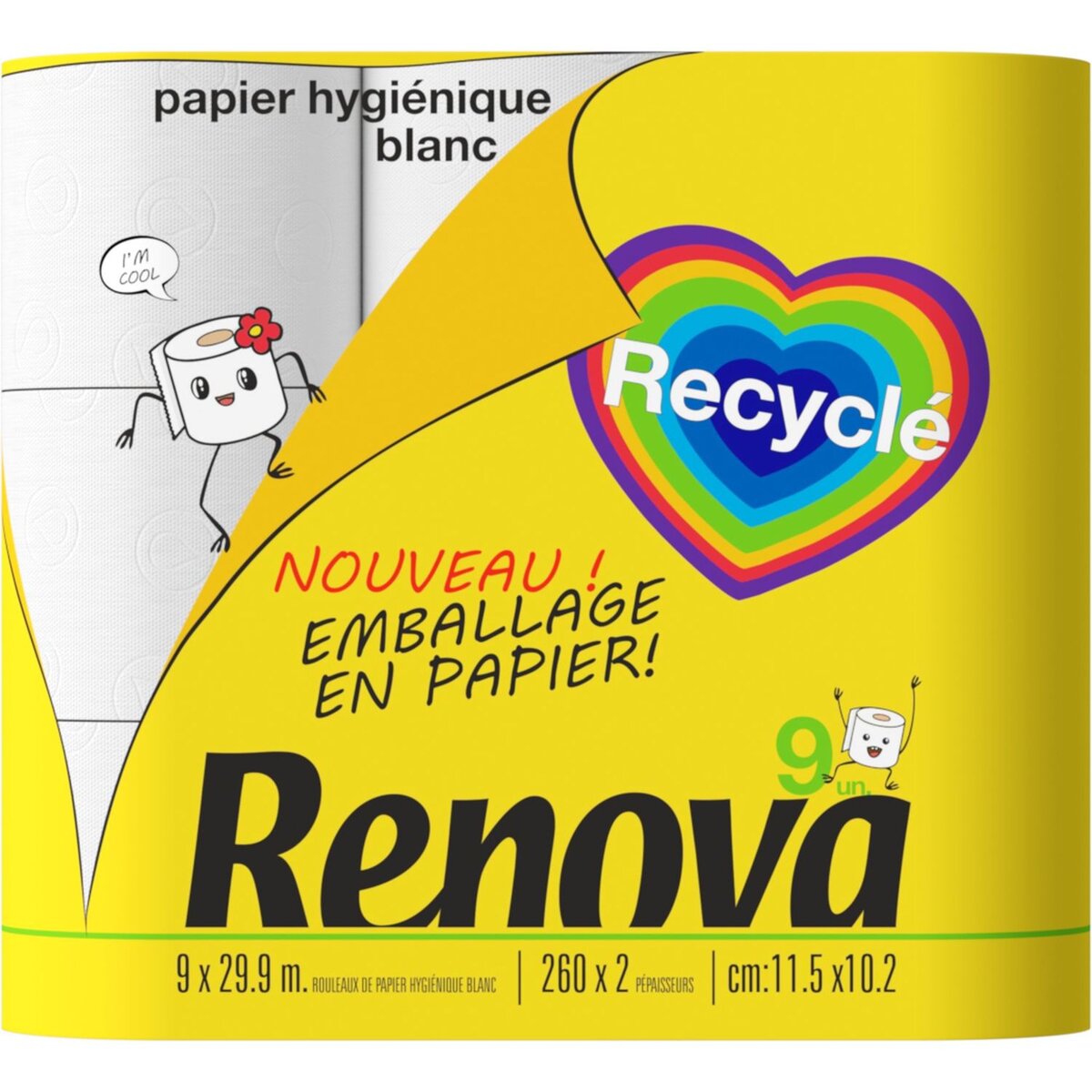 RENOVA Papier toilette blanc recyclé avec emballage en papier 9 rouleaux