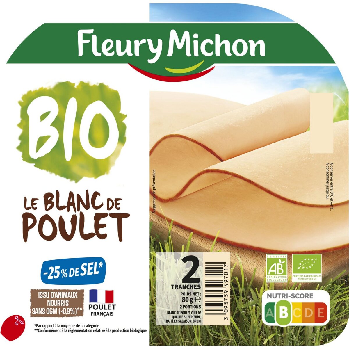 FLEURY MICHON Fleury Michon blanc de poulet bio sel réduit 2tranches 80g