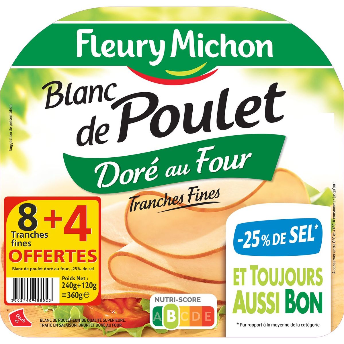 FLEURY MICHON Fleury blanc de poulet sel réduit tranche fine x8+4 -360g