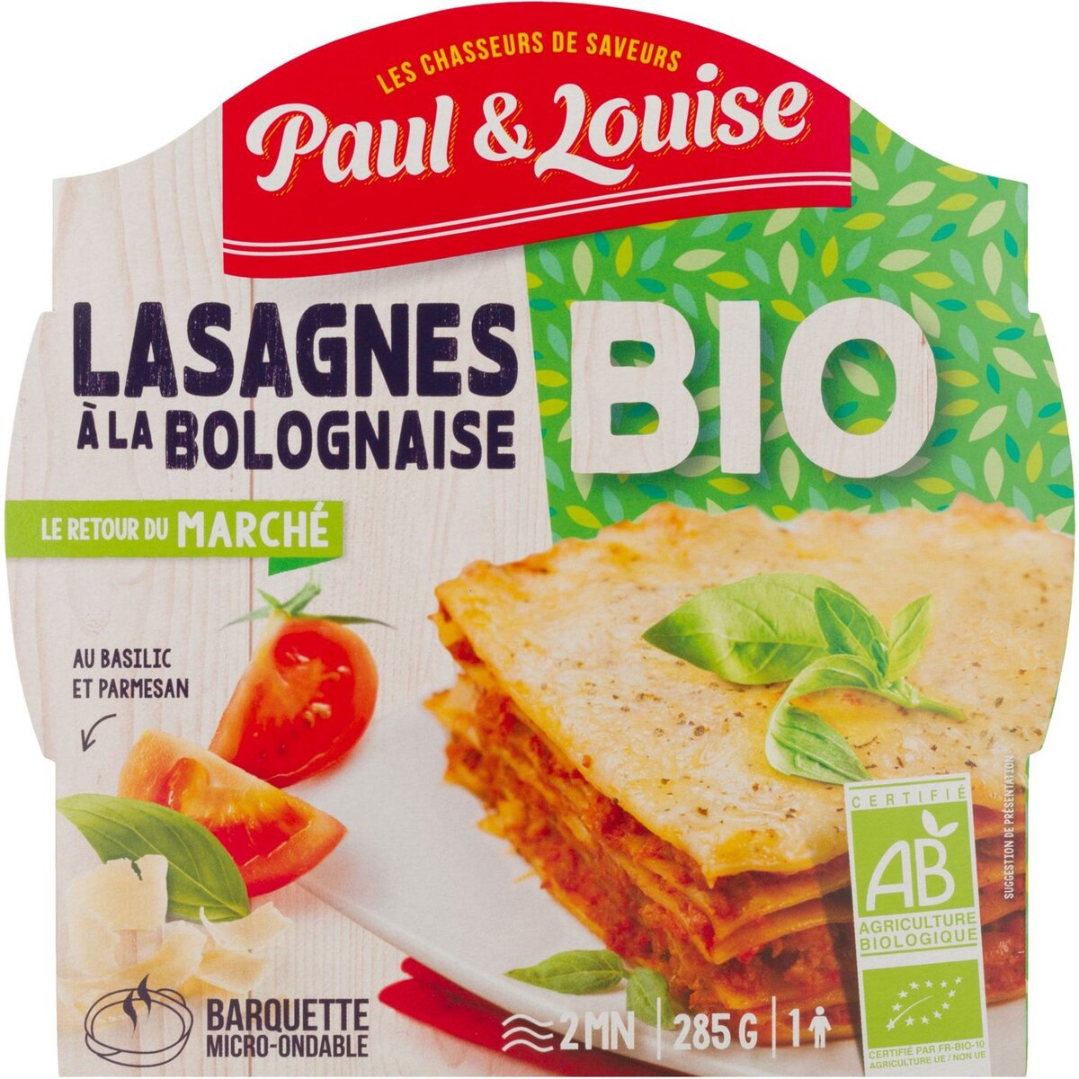 PAUL ET LOUISE Lasagnes bio à la bolognaise au basilic et parmesan en barquette 1 personne 285g