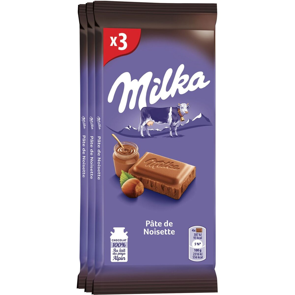 MILKA Tablette de chocolat au lait à la pâte de noisette 3 pièces 3x100g