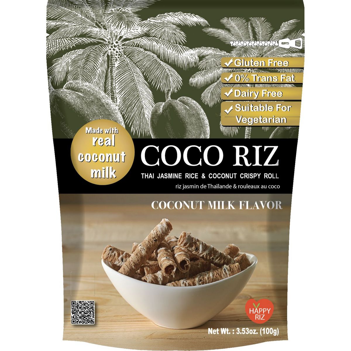 HAPPY RIZ Coco riz : riz jasmin de Thaïlande et rouleaux aux coco 100g