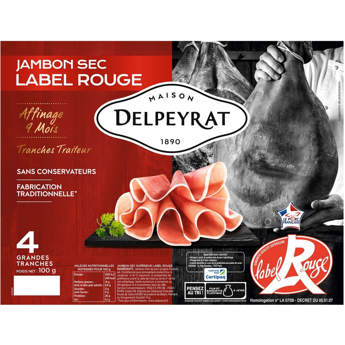 DELPEYRAT Jambon sec 9 mois d'affinage Label rouge 4 tranches 100g
