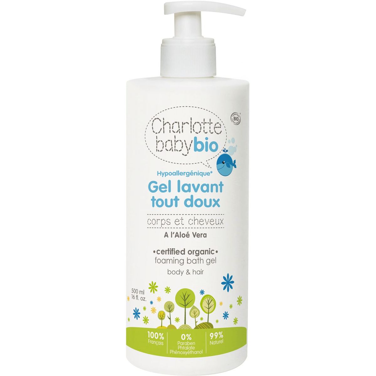 CHARLOTTE BABY BIO Gel lavant tout doux corps/cheveux à l'aloé vera 500ml