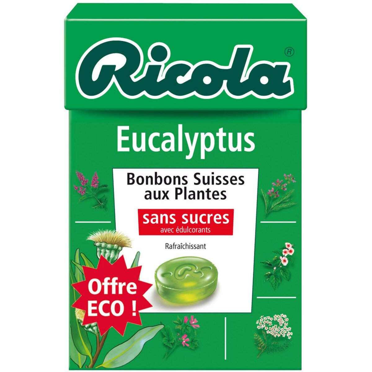 RICOLA Bonbons suisses aux plantes sans sucres saveur eucalypthus 50g