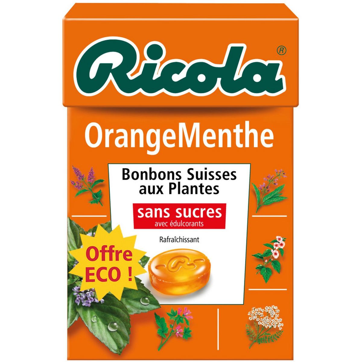 RICOLA Bonbons suisses aux plantes sans sucres saveur orange menthe 50g