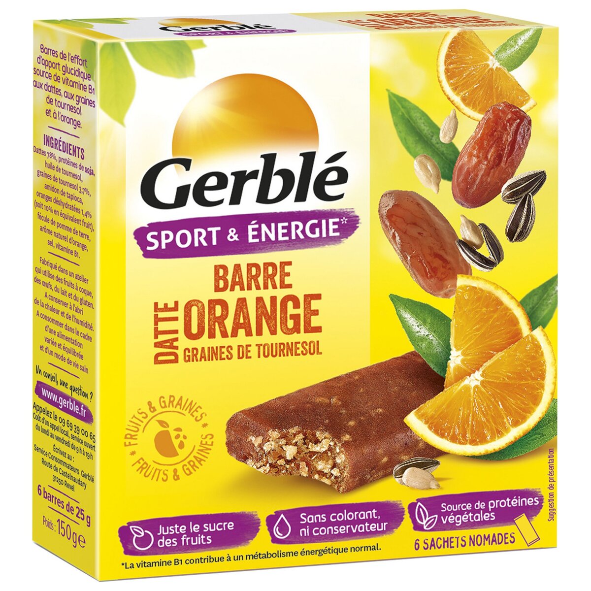 GERBLE Barre datte orange graines de tournesol sachets 6x25g 150g pas cher  
