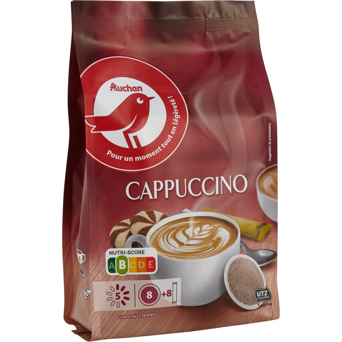 AUCHAN Dosettes de café cappuccino compatibles Senseo 8 dosettes 95g