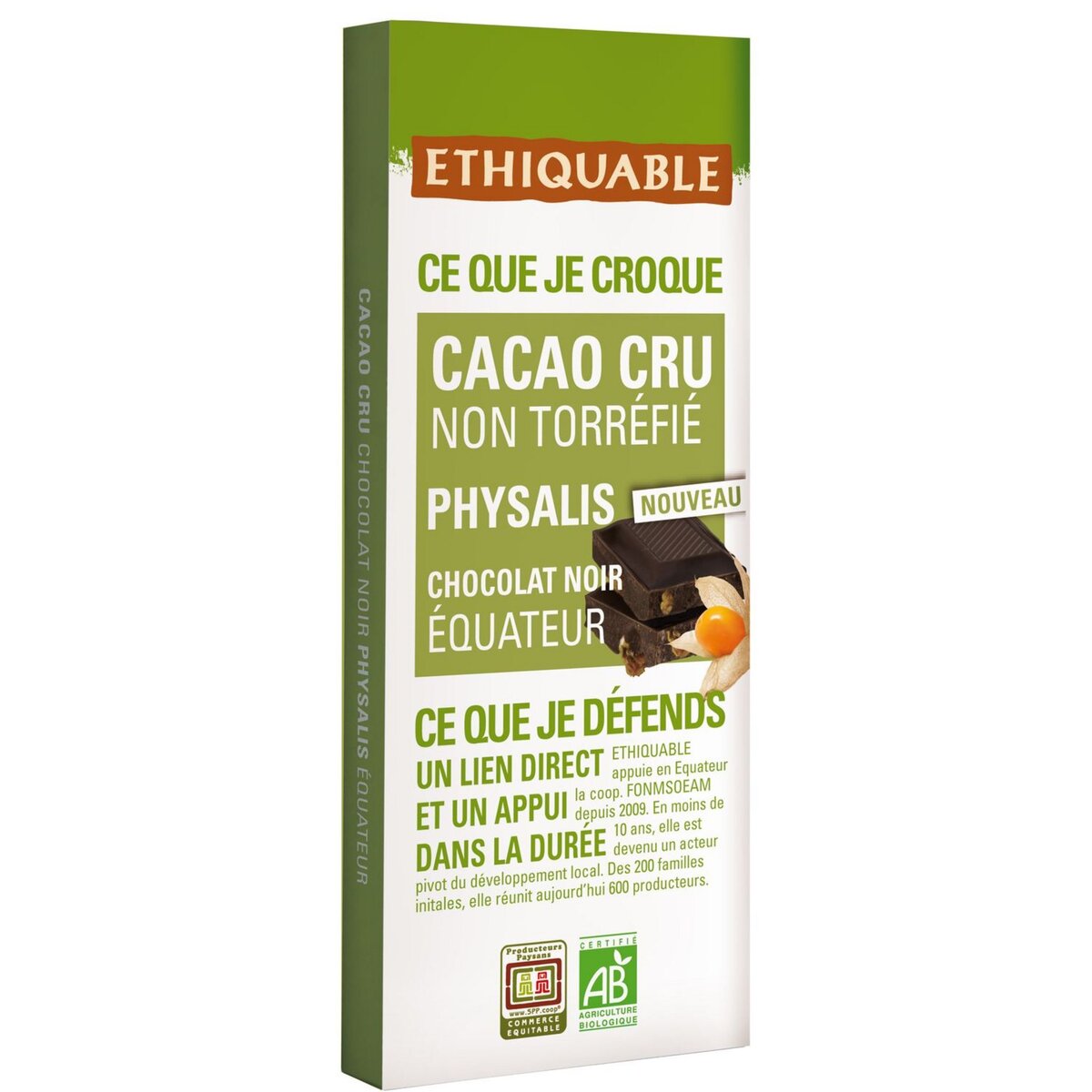 ETHIQUABLE Tablette de chocolat noir bio d'Equateur non torréfié et physalis 1 pièce 100g