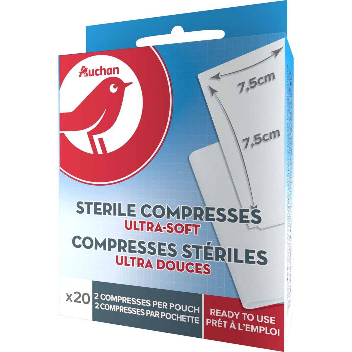 AUCHAN Compresses stériles ultra-douces 7,5cmx7,5xm 7,5cmx7,5cm 20 compresses