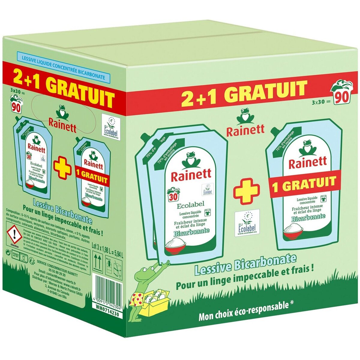 RAINETT Rainett lessive bicarbonate 2x1,98l +1 offert