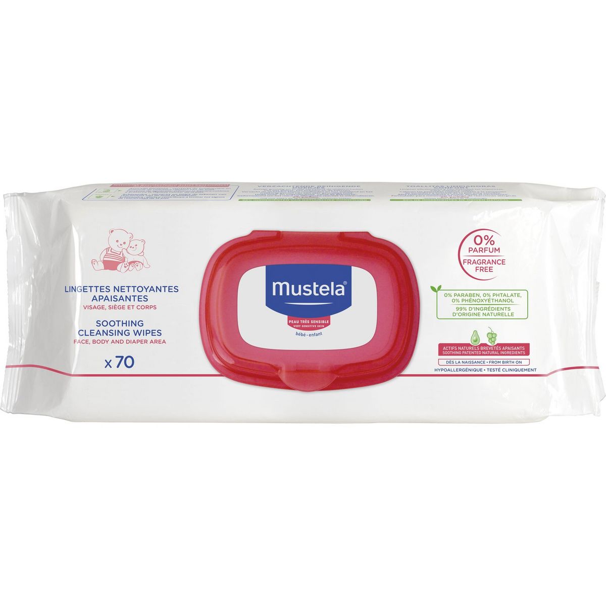 MUSTELA Lingettes nettoyantes apaisantes sans parfum peaux normales 70 pièces