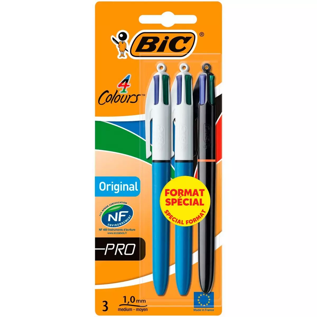 BIC Lot de 3 stylos bille rétractables 4 couleurs pointe moyenne 1mm