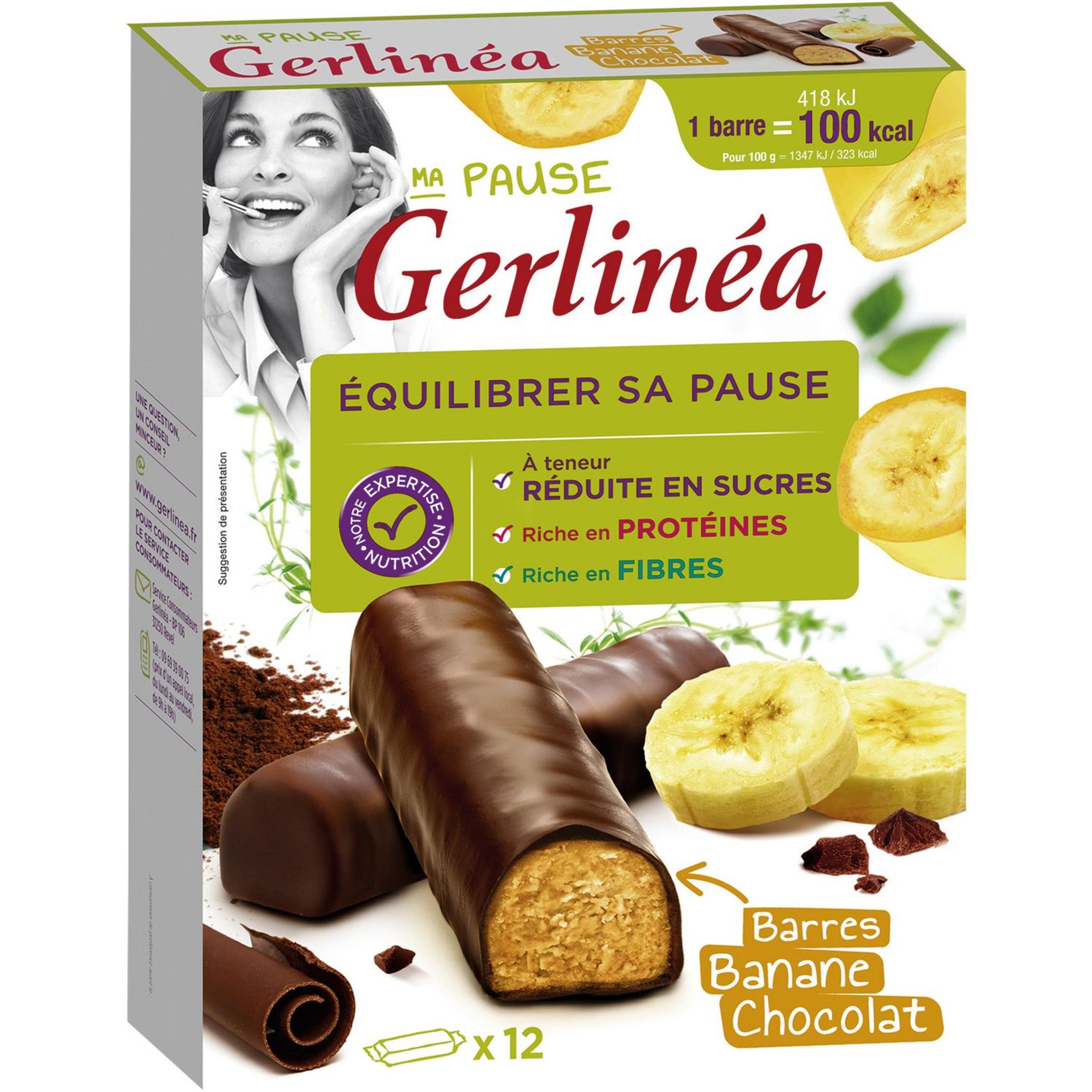 GERLINEA Barre banane chocolat riches en protéines 12x31g 372g pas cher ...