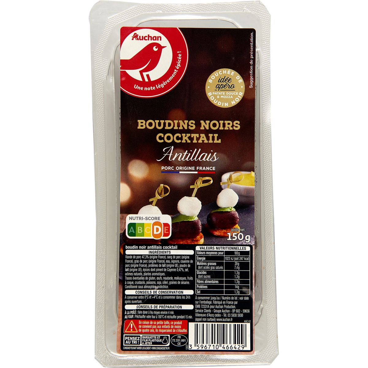 AUCHAN Boudins noirs antillais cocktail 15 pièces 150g