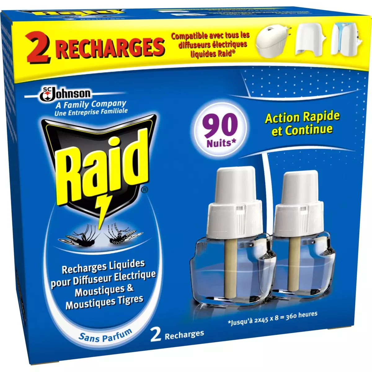 RAID Recharge diffuseur électrique anti-moustiques & moustiques-tigres efficace 90 nuits 2 recharges
