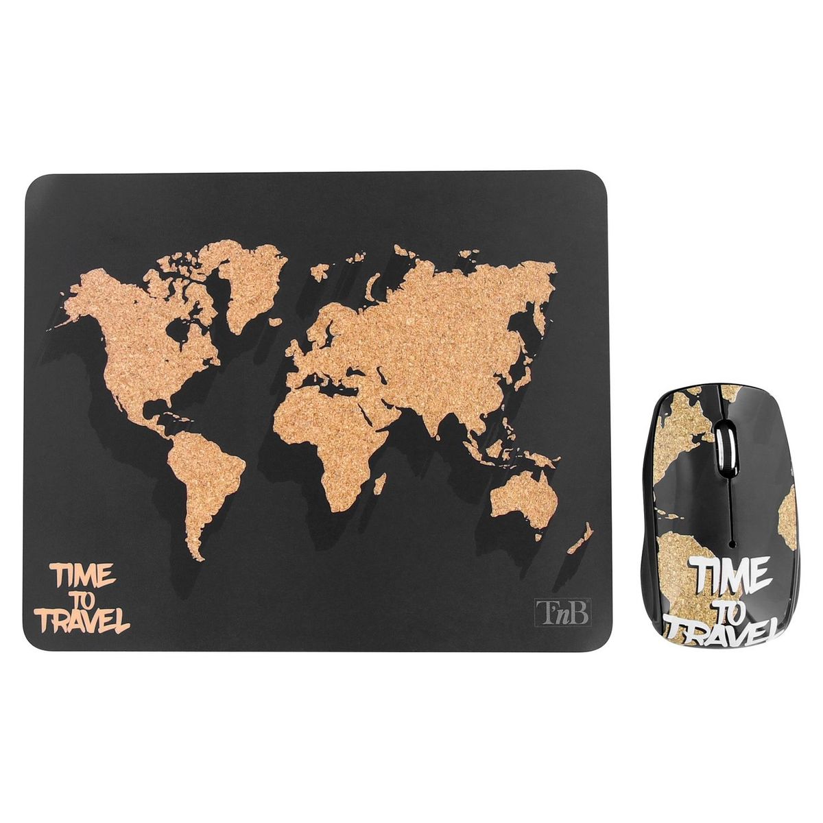 TNB BUNDLE avec Souris Sans Fil et Tapis assortis sur le thème WORLD MAP Noir et liège