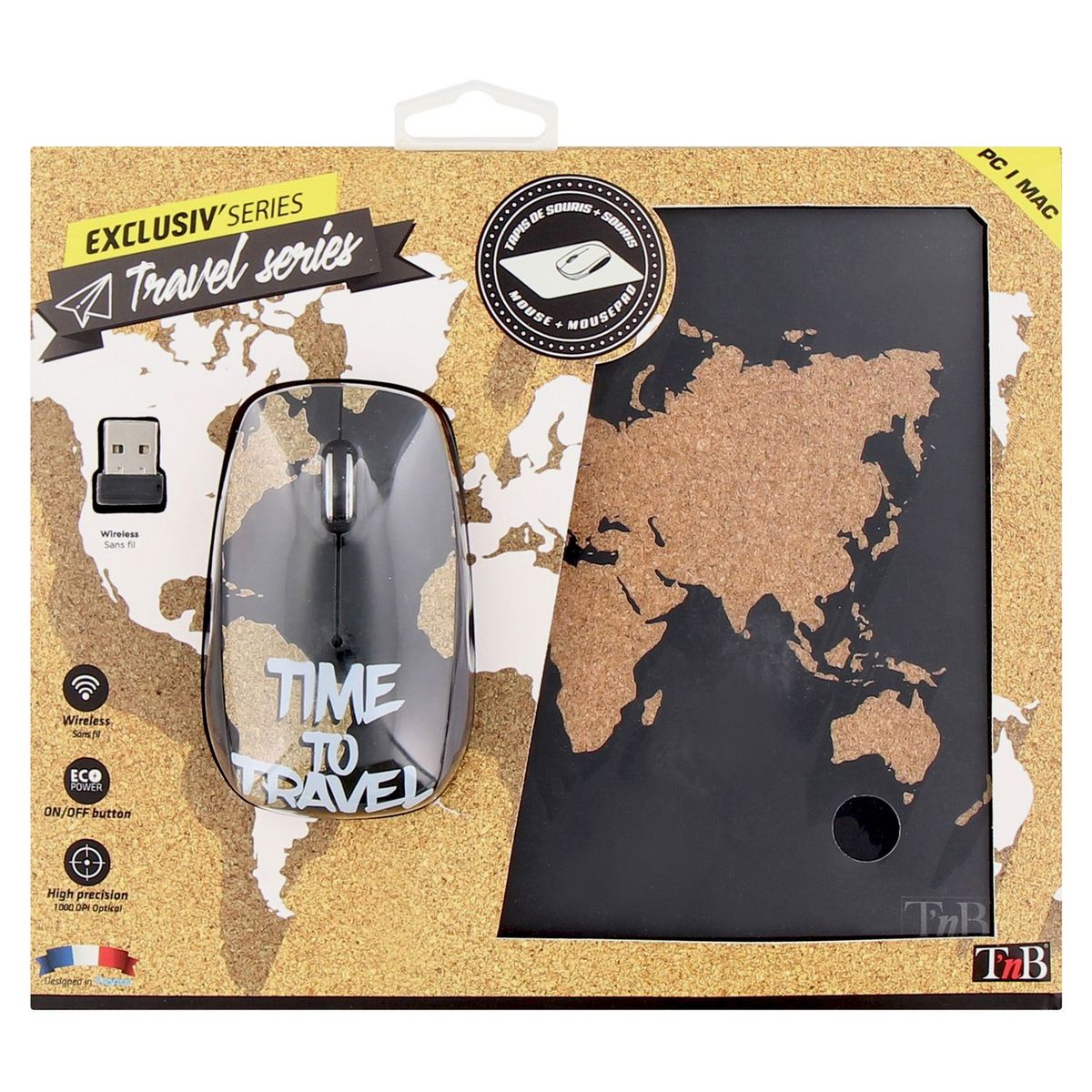 TNB BUNDLE avec Souris Sans Fil et Tapis assortis sur le thème WORLD MAP Noir et liège