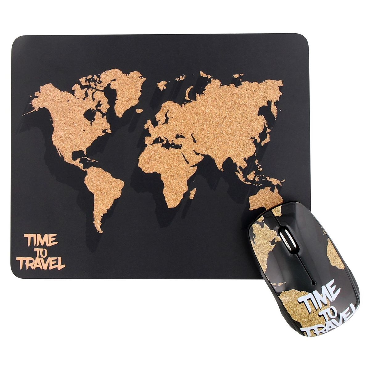TNB BUNDLE avec Souris Sans Fil et Tapis assortis sur le thème WORLD MAP Noir et liège