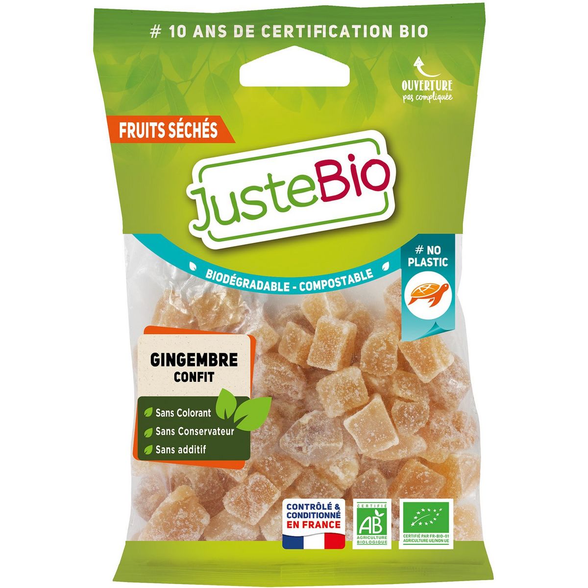 JUSTE BIO Gingembre confit sans colorant sans conservateur sans additif 100g