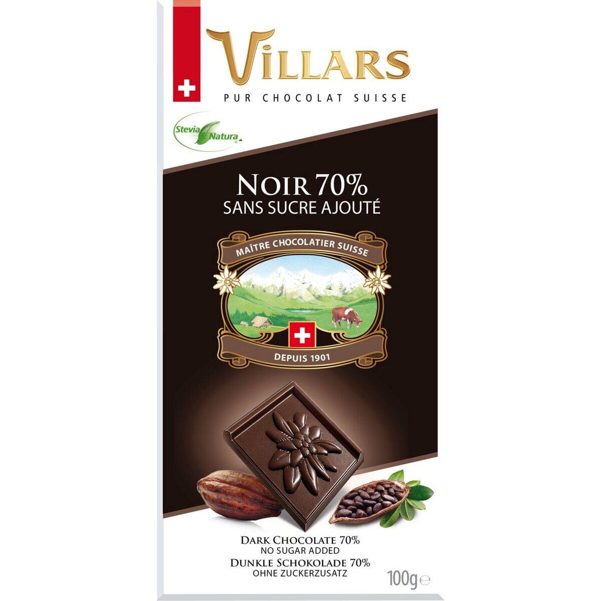 VILLARS Tablette de chocolat noir 70% dégustation sans sucre ajouté 1 pièce 100g