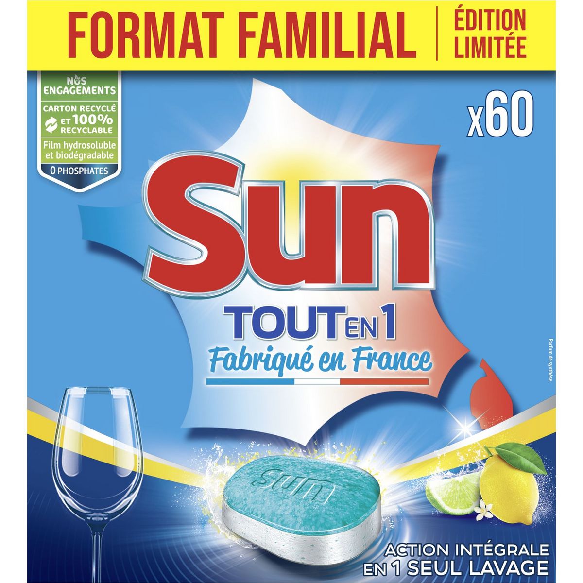 SUN Tablettes lave vaisselle tout en 1 parfum citron 60 lavages 60 tablettes